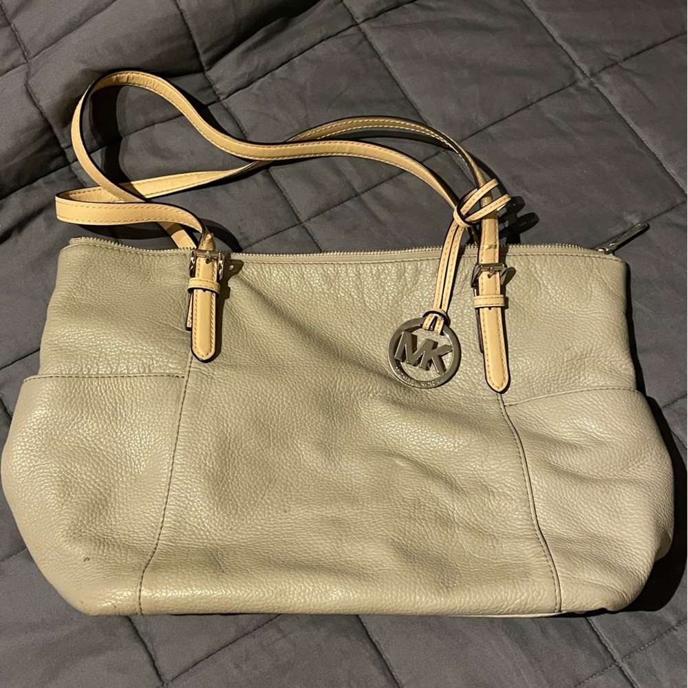 Michael Kors Leather Shoulder Tote in Light Gray with Tan Straps